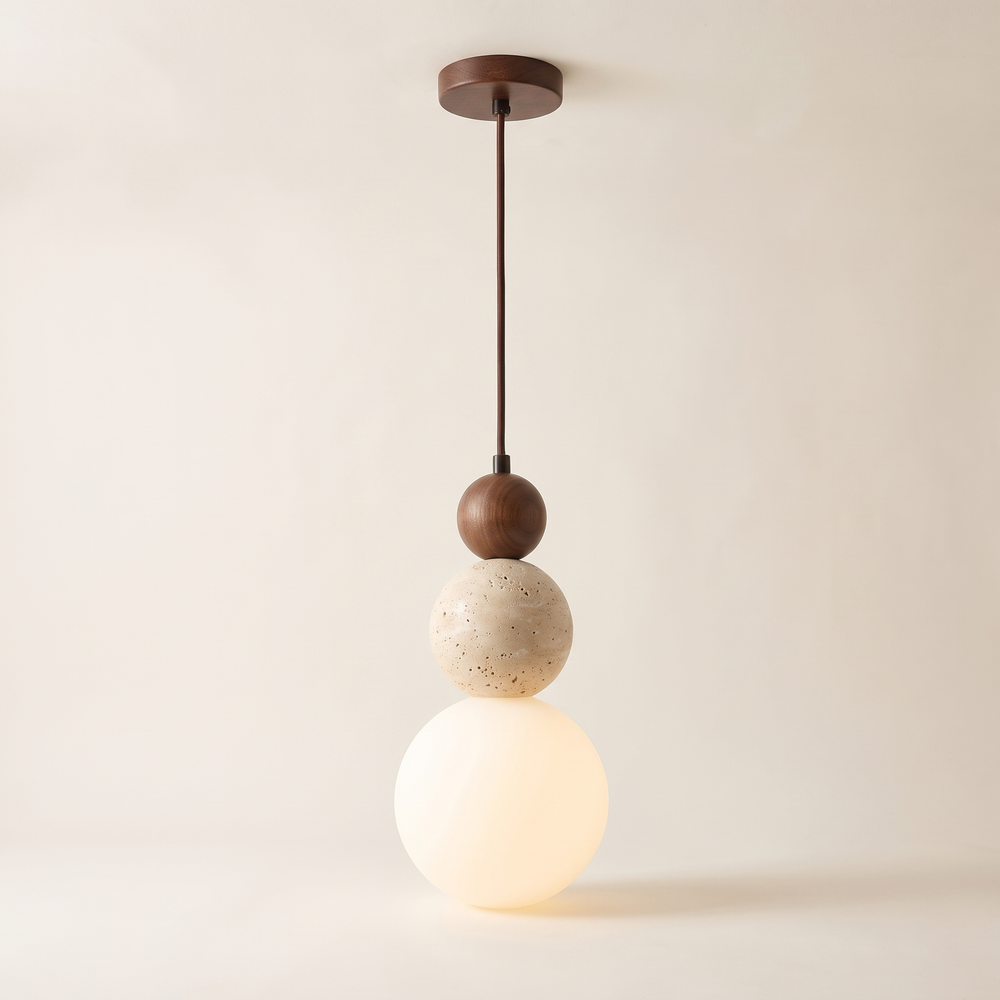 Travertine and Glass Bead Pendant Light, Stone Bedside Lamp for Bedroom, Dining Room and Hallway, Walnut or Natural Wood