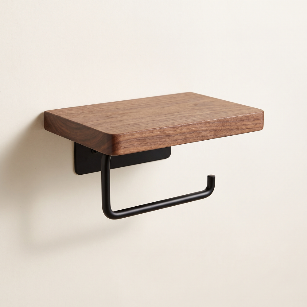Walnut Shelf Toilet Paper Holder, Wall Mounted Tissue Roll Bar with Matte Black Steel Arm for Bathroom