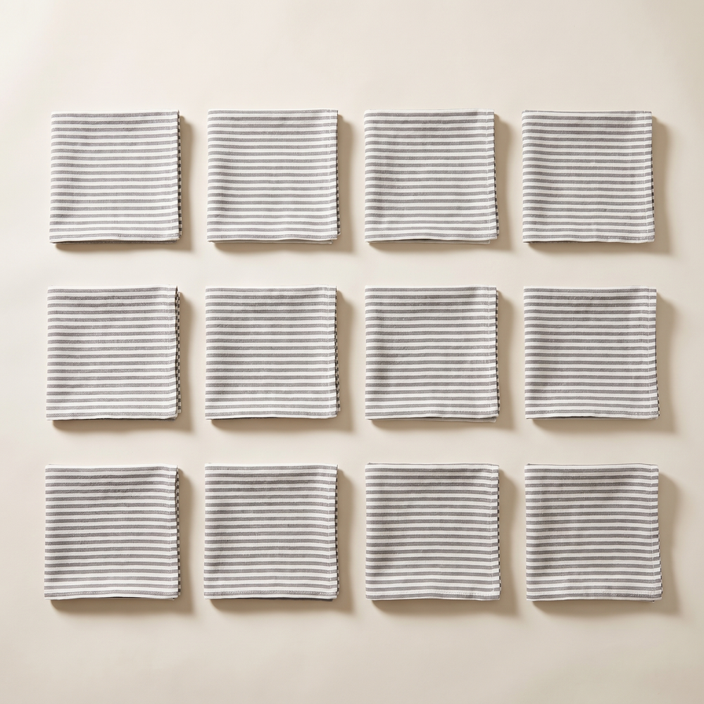 Striped Linen Cotton Napkins Set of 12, Cloth Dinner Napkins and Tea Towels for Kitchens, Cafés and Bulk Wholesale Orders, Grey or Beige