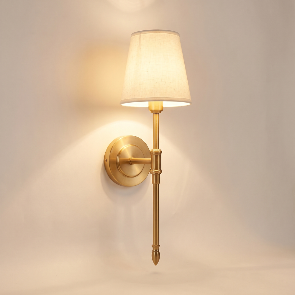 Brass-Finish Wall Sconce with Fabric Shade, Slim Vintage Light for Hallway, Bedroom and Living Room