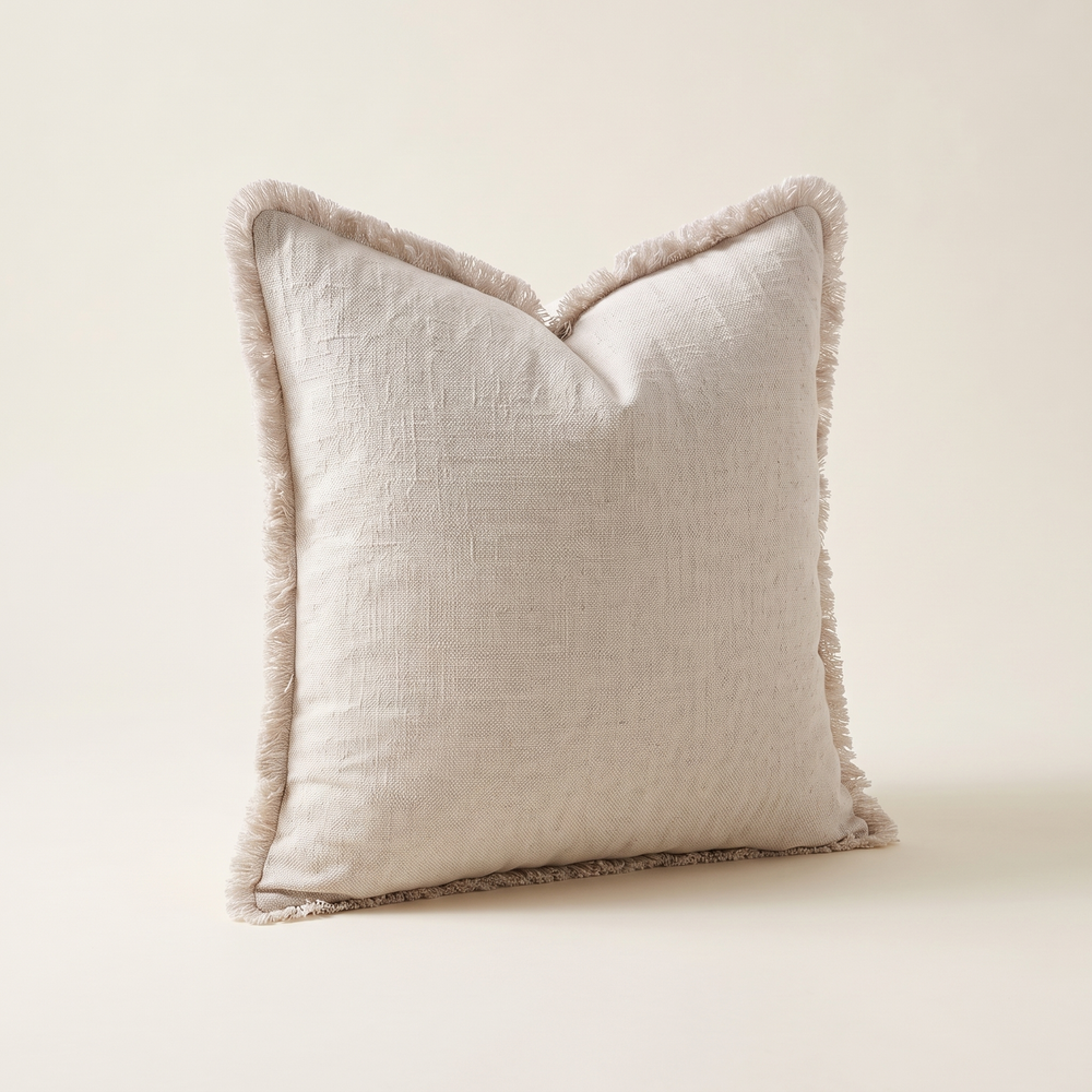 Fringed Linen Pillow Cover, Boho Farmhouse Throw Cushion Cover for Sofa, Bed and Reading Chair, Beige, Khaki or Rust
