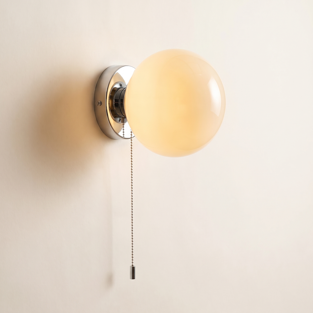 Glass Ball Wall Sconce, Chrome Plate Bedside Light with Pull Chain for Bedroom, Hallway and Living Room, Beige or White