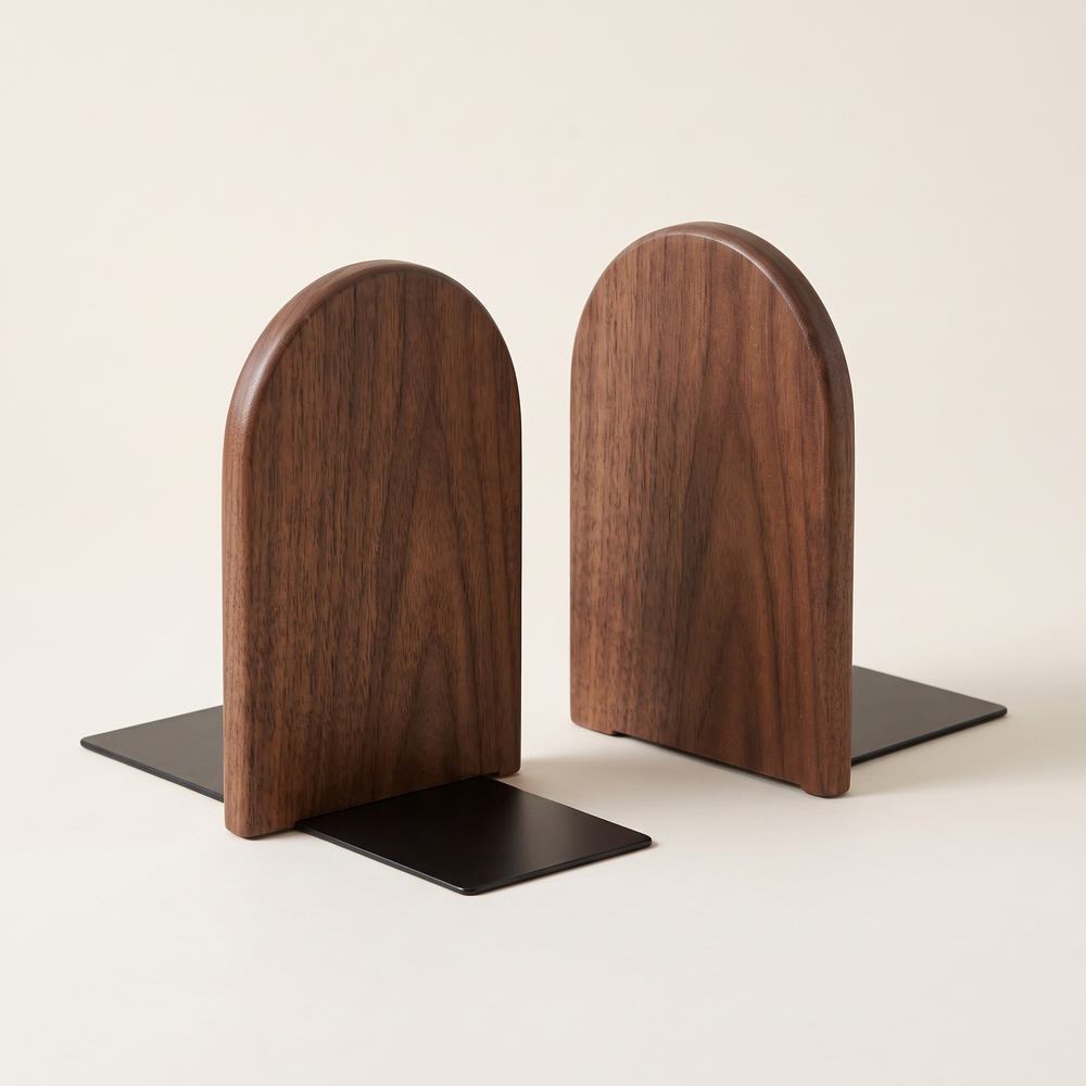 Solid Wood Bookends Set of 2, Beech or Walnut Book Stoppers for Shelves, Desk and Living Room