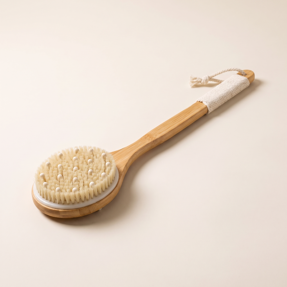 Long Handle Wooden Bath Brush, Natural Bristle Back Scrubber and Body Exfoliator for Shower and Bath, Natural or Black Bristle