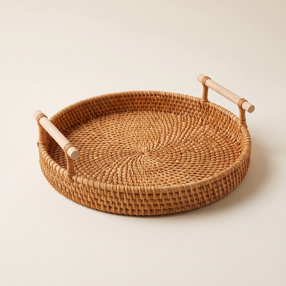 Round Rattan Tray with Two Handles, Handwoven Food Storage Basket and Farmhouse Kitchen Organizer, Natural Brown