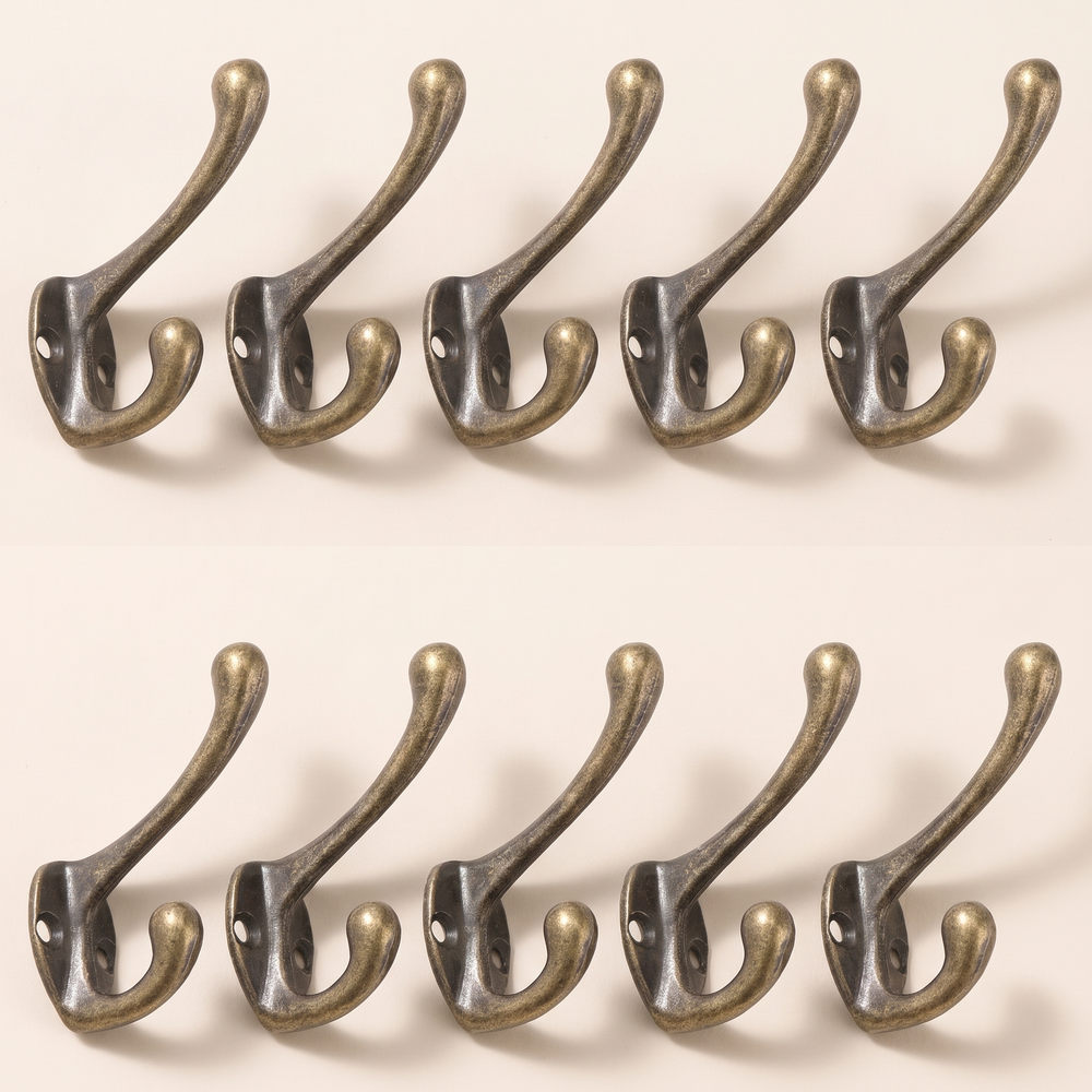 Vintage Bronze Coat Hooks Set of 10, Heavy-Duty Double Wall Hooks with Screws for Doors, Bathrooms and Entryways