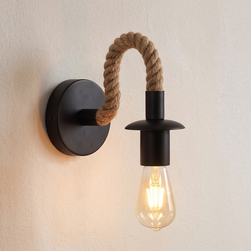 Hemp Rope Wall Lamp, Retro Industrial Iron Sconce for Loft, Hallway and Living Room, E27 Edison Bulb Not Included