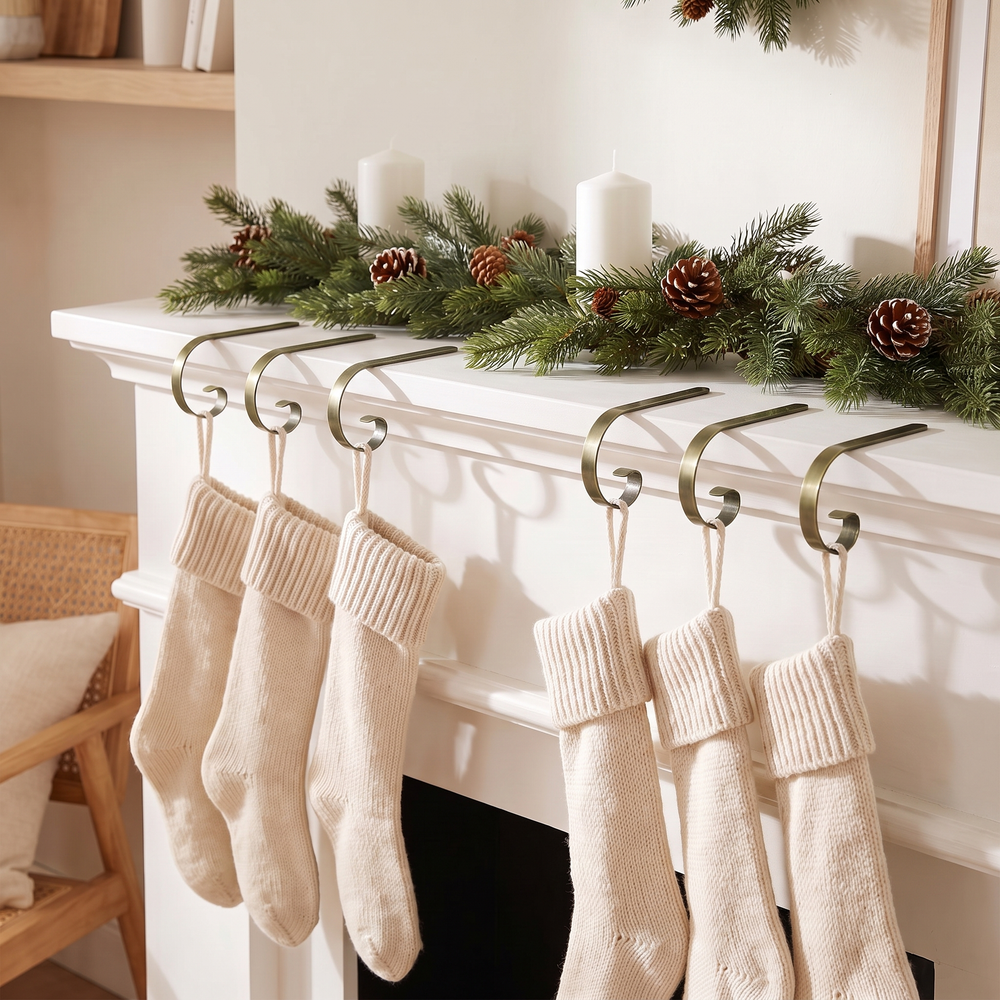 Christmas Stocking Holders Set of 6, Anti-Slip Metal Mantel Hooks for Stockings and Garlands, Silver, Red Bronze or Green Bronze