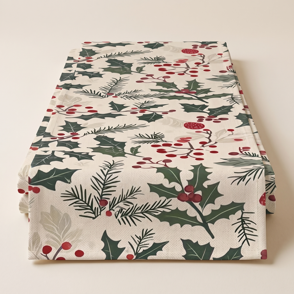 Christmas Table Runner with Holly and Berries, Linen Runner for Dining Table, Sideboard and Holiday Table, Four Lengths