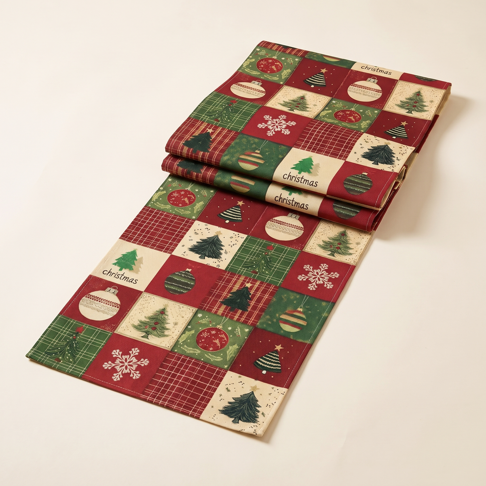 Christmas Table Runner with Plaid Trees and Baubles, Linen Runner for Dining Table, Sideboard and Holiday Table, Four Lengths