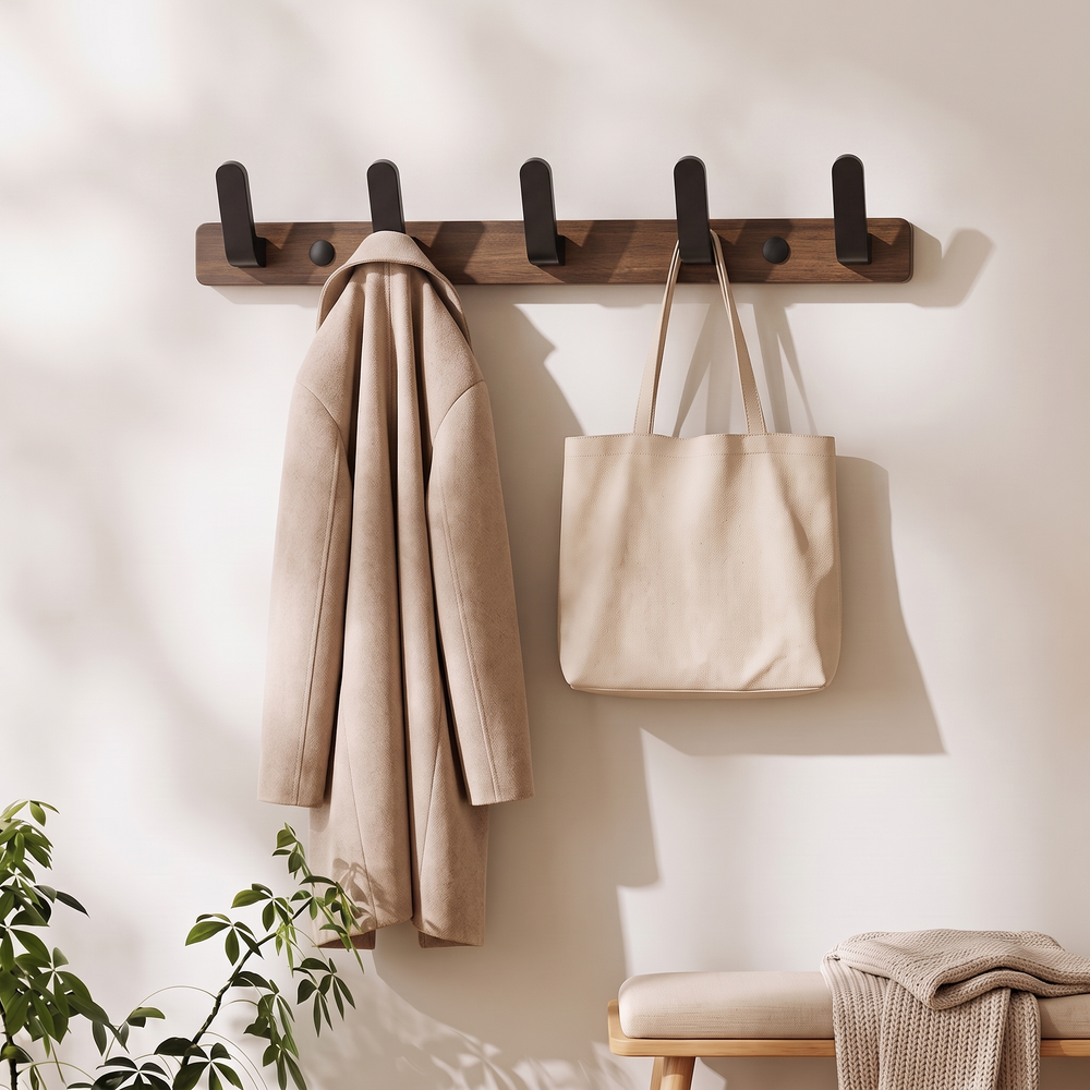 Wall-Mounted Coat Rack with 5 Hooks, Hook Rail for Entryway, Bathroom and Bedroom, Beech with White Hooks or Walnut with Black Hooks