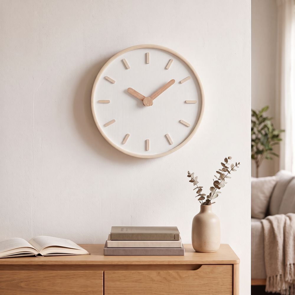 Minimalist Wooden Wall Clock, Silent Japanese-Style Clock for Living Room, Bedroom and Kitchen, Beige or White