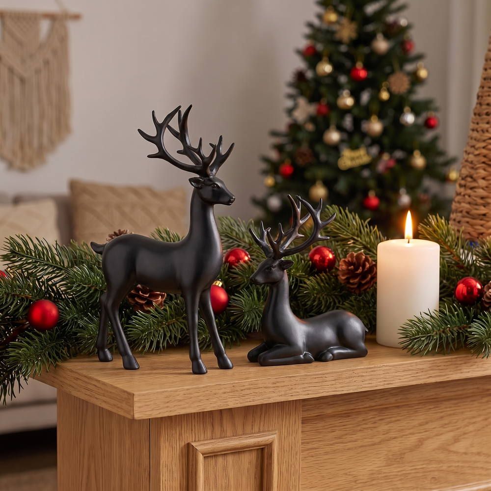 Reindeer Figurines Set of 2, Christmas Table Decoration for Mantel, Shelf and Holiday Table, Silver, Gold or Black