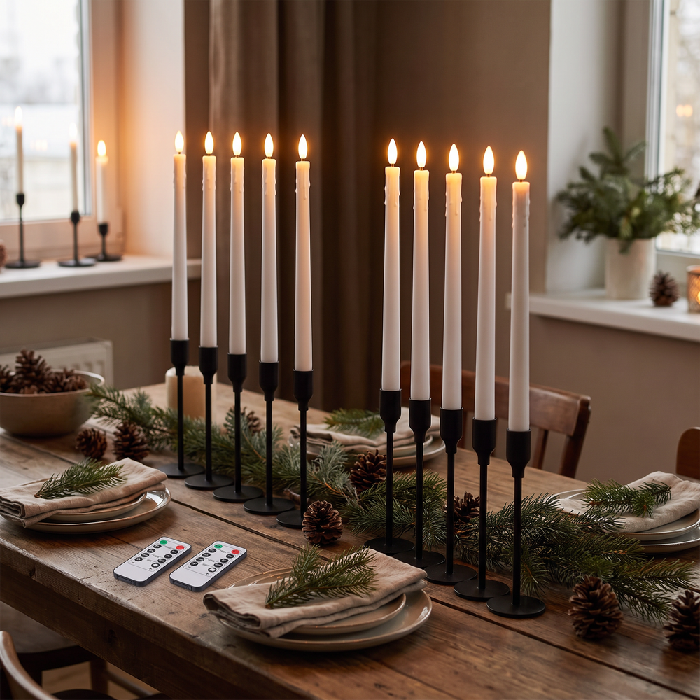 Flameless LED Taper Candles with Remote, Flickering Battery Candlesticks for Christmas Table and Mantel, White or Ivory, Set of 6 or 12
