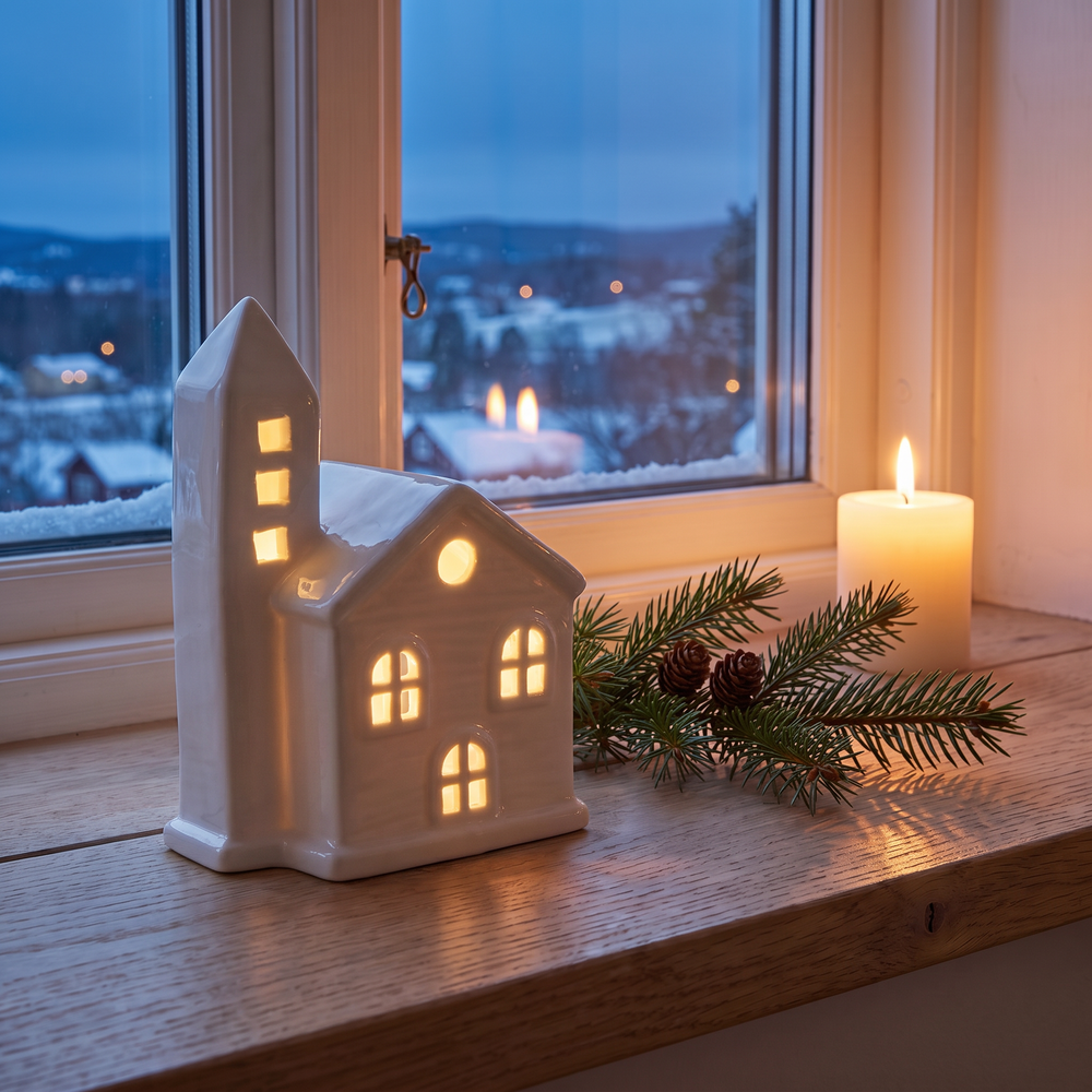 White Ceramic Christmas House with LED Light, Glowing Village House for Mantel, Shelf and Windowsill, House or Church