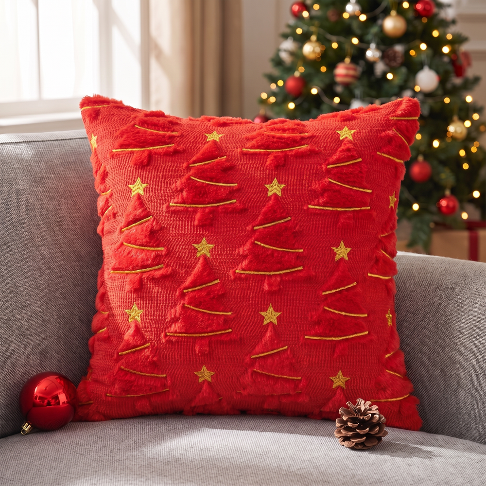Plush Christmas Tree Pillow Cover with Gold Stars, Holiday Throw Pillow Case for Sofa and Armchair, Beige or Red