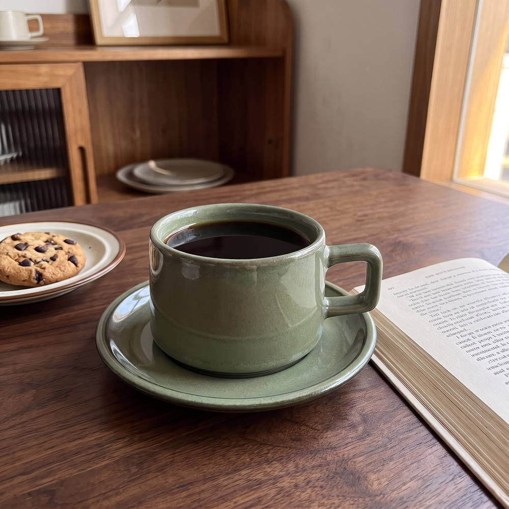 Retro Stoneware Cup and Saucer Set, Japanese-Style Ceramic Coffee and Tea Cup, 250 ml, Speckled Cream, Khaki, Sage Green or Charcoal