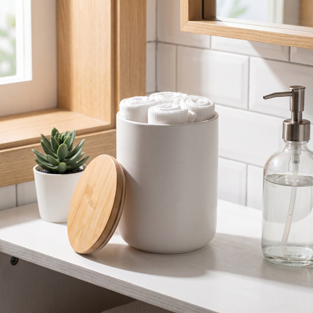 Ceramic Storage Jar with Lid, Canister for Bathroom and Kitchen, White or Black, Two Sizes