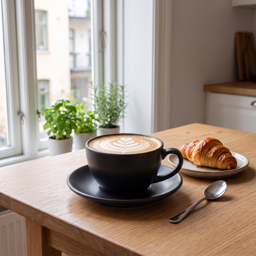 Classic Latte Art Cups with Saucers, 280 ml Ceramic Coffee Cups for Cappuccino, Flat White and Tea, White, Black or Light Blue