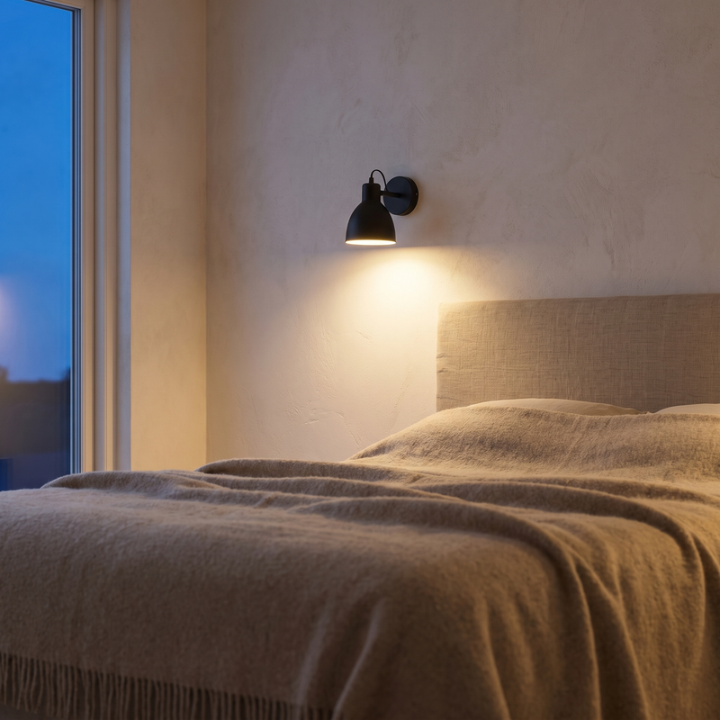 Black wall sconce beside a bed