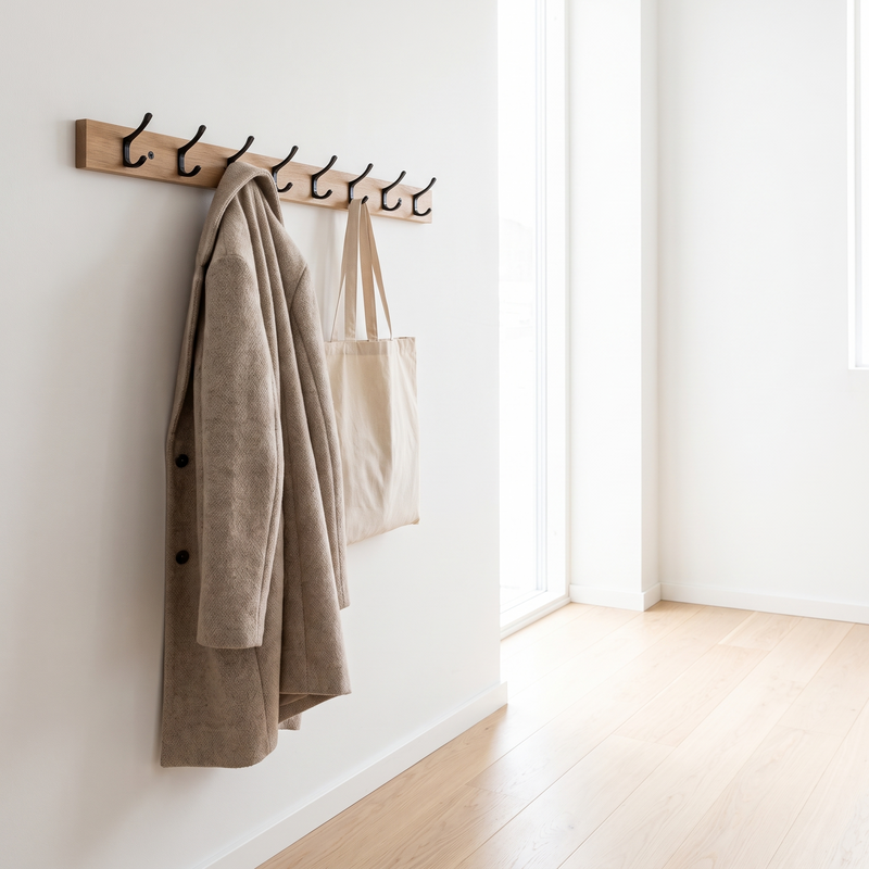 Wooden hook rail with a coat and tote bag