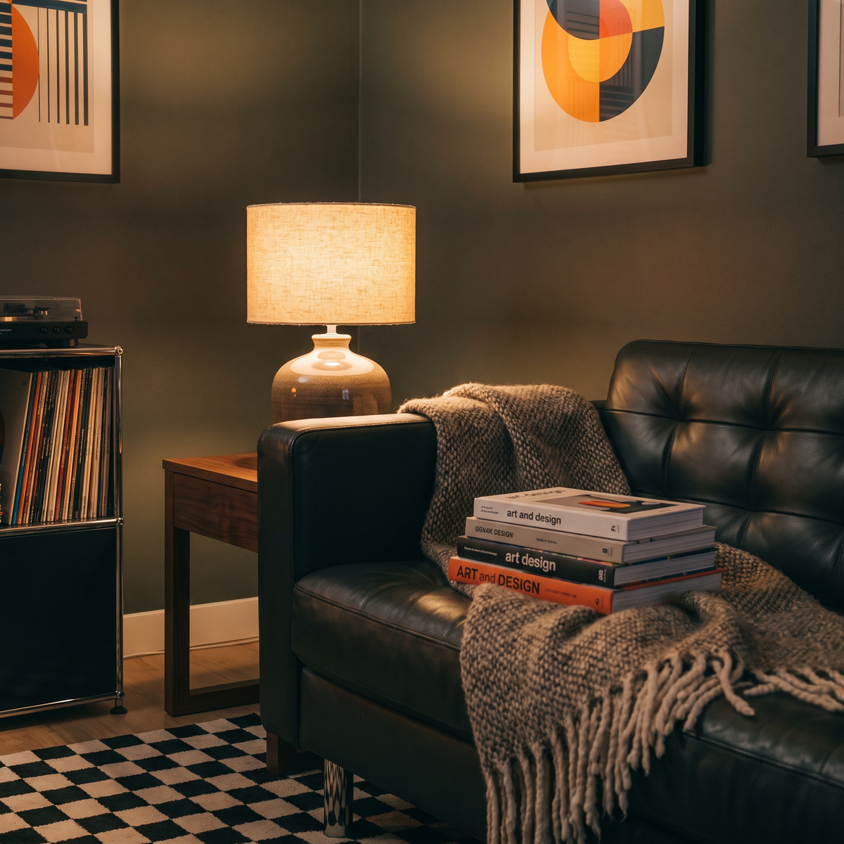 Table lamp with linen shade on a side table