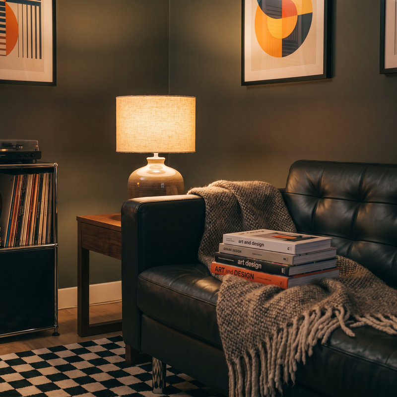 Table lamp with linen shade on a side table