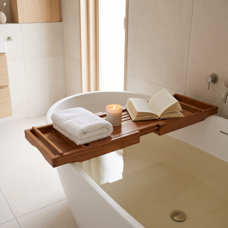 Teak bath tray across a white bathtub
