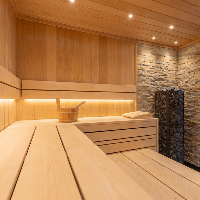 Wooden sauna bucket and ladle on a sauna bench