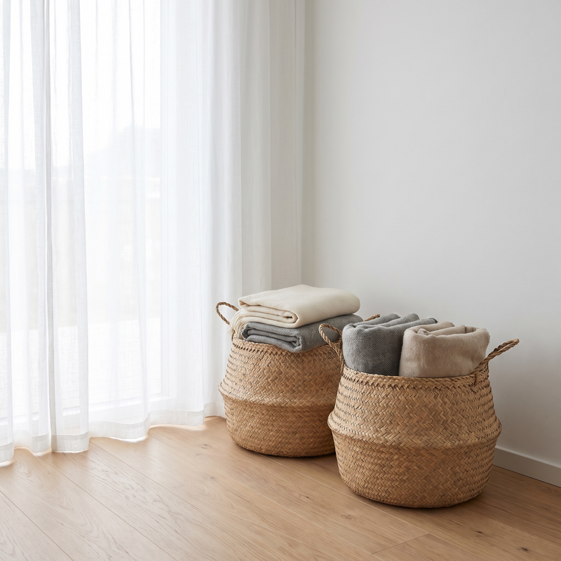 Woven baskets with folded blankets by a window