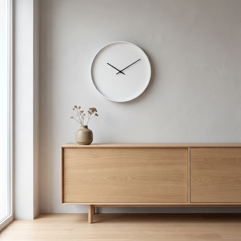 Round wall clock above an oak sideboard