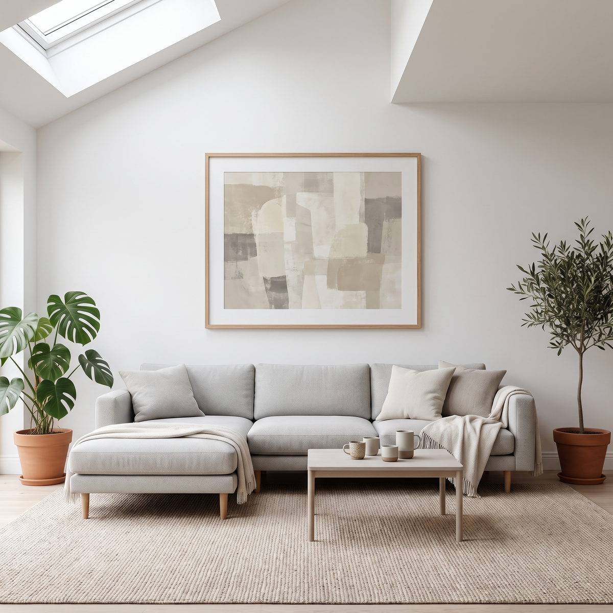 Framed abstract print above a light sofa