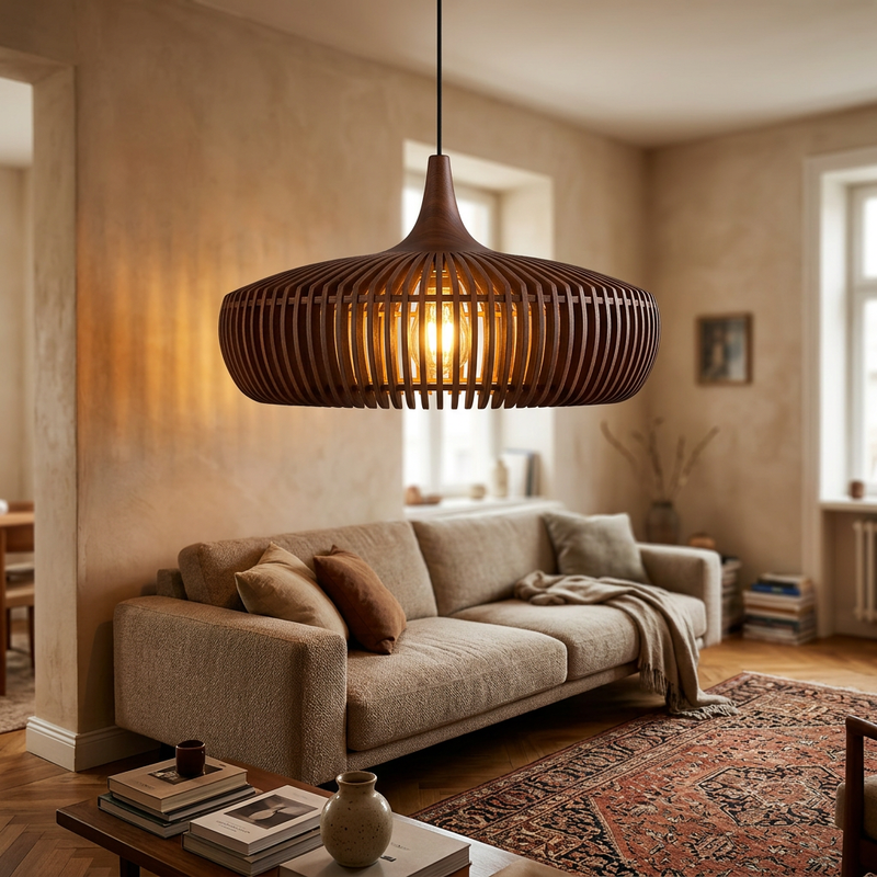Slatted walnut pendant light glowing in a living room
