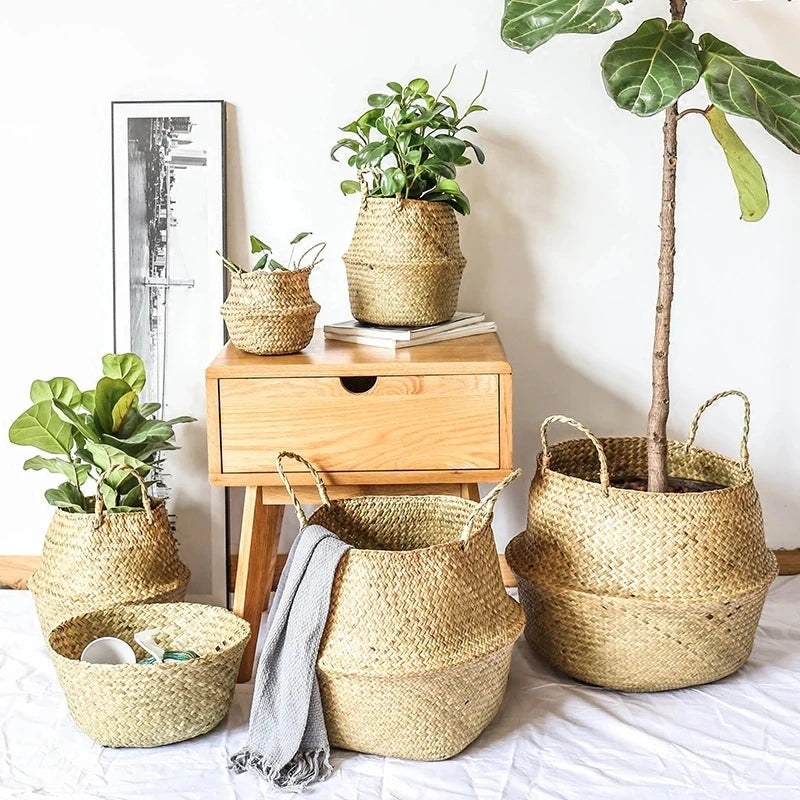 Seagrass Wicker Basket, Handwoven Rattan Planter, Laundry and Picnic Basket for Boho Home Decor