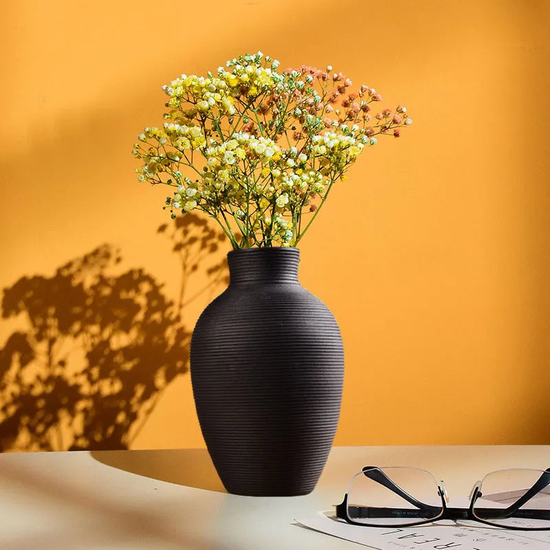 Ribbed Ceramic Vase, Textured Flower Vase for Living Room and Dining Table, Copper, White, Black or Marble