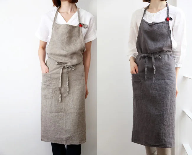Japanese-Style Linen Cotton Apron, Simple Kitchen and Studio Apron for Cooking, Baking and Crafts, Beige, Charcoal, Black or Olive Green