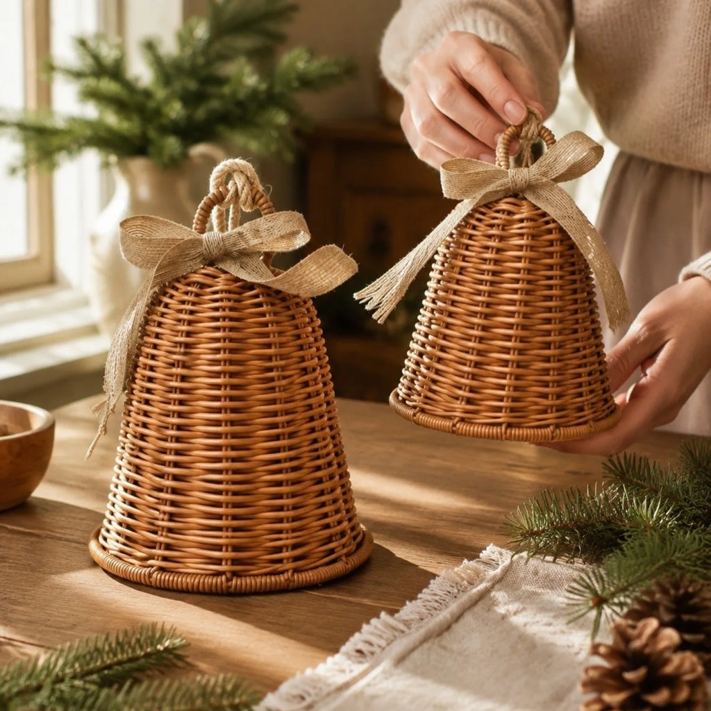 Woven Rattan-Look Christmas Bell, Hanging Ornament for Door, Wall and Christmas Tree, Small or Large