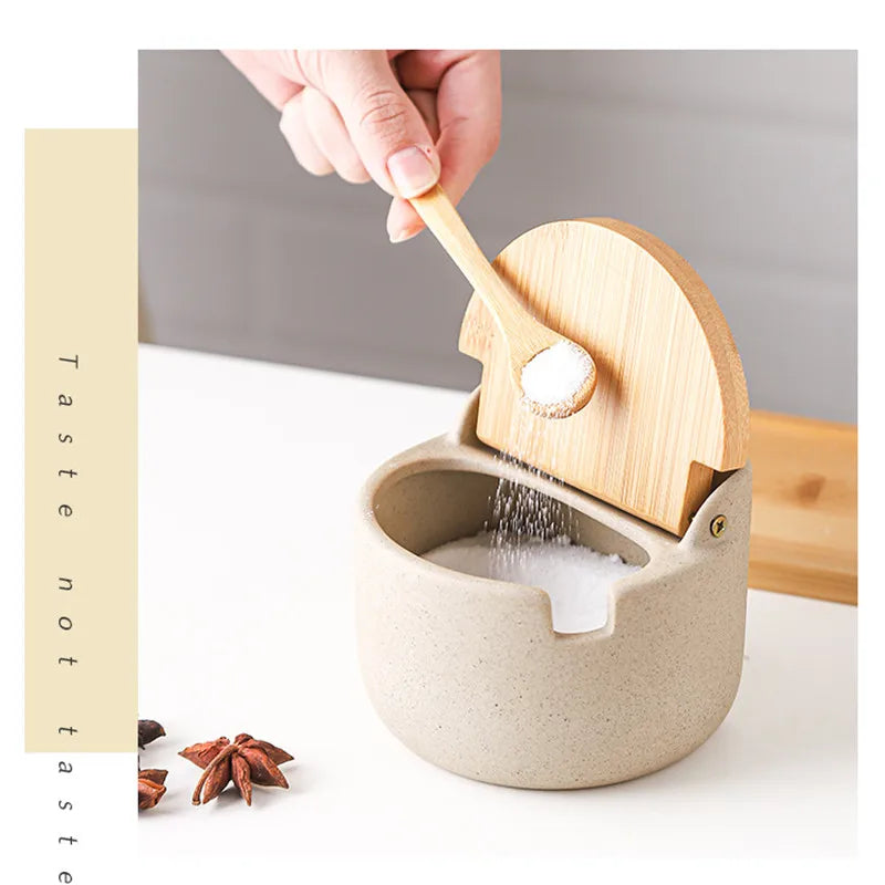 Ceramic Jars with Wood-Tone Lids, Kitchen Canisters for Sugar, Salt, Coffee and Tea, Single Jar or Set of 2 or 3 with Tray