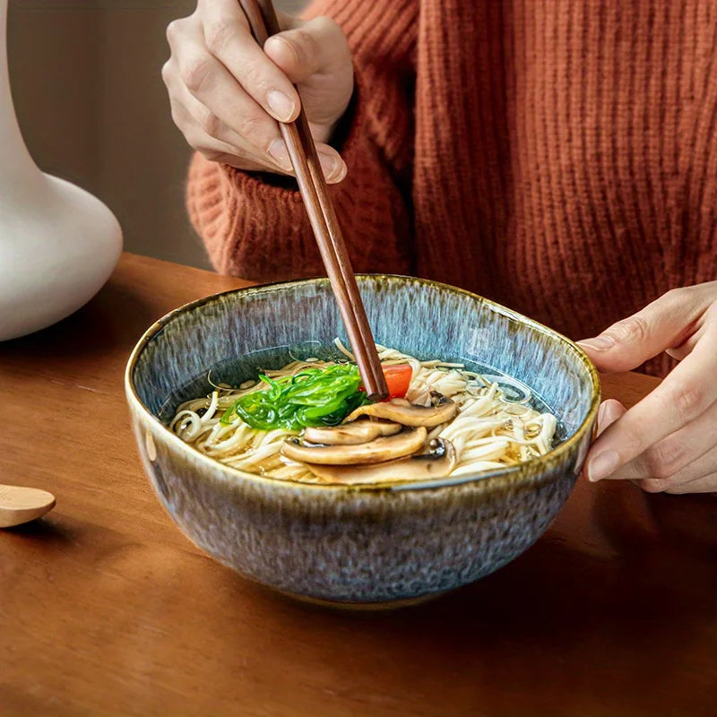 Asymmetric Ceramic Bowl, 16.5 cm Reactive Glaze Bowl for Noodles, Salad and Serving, Black or Blue