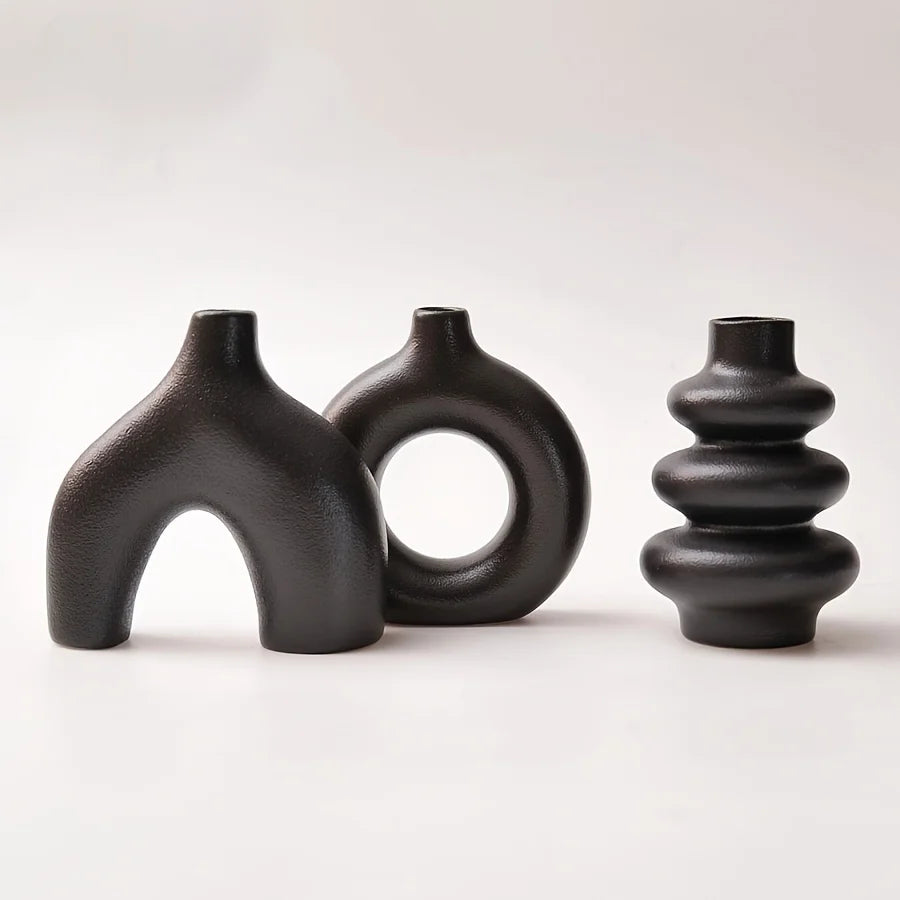 Ceramic Vase Set of 3, Modern Arch and Ribbed Vases for Shelf, Mantel and Dining Table, Black or Cream