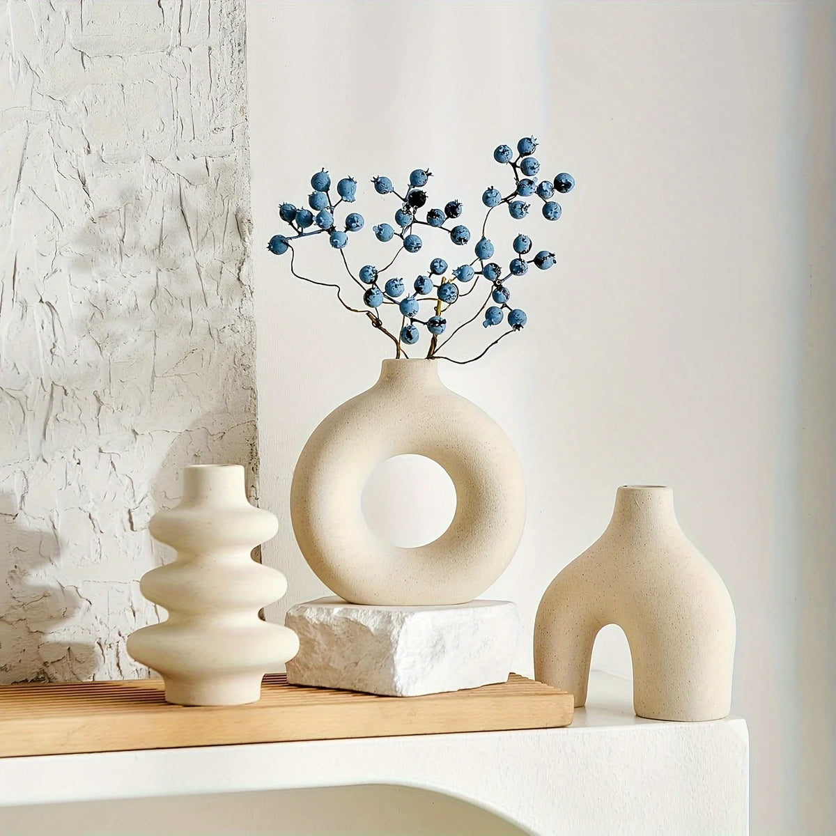 Ceramic Vase Set of 3, Modern Arch and Ribbed Vases for Shelf, Mantel and Dining Table, Black or Cream