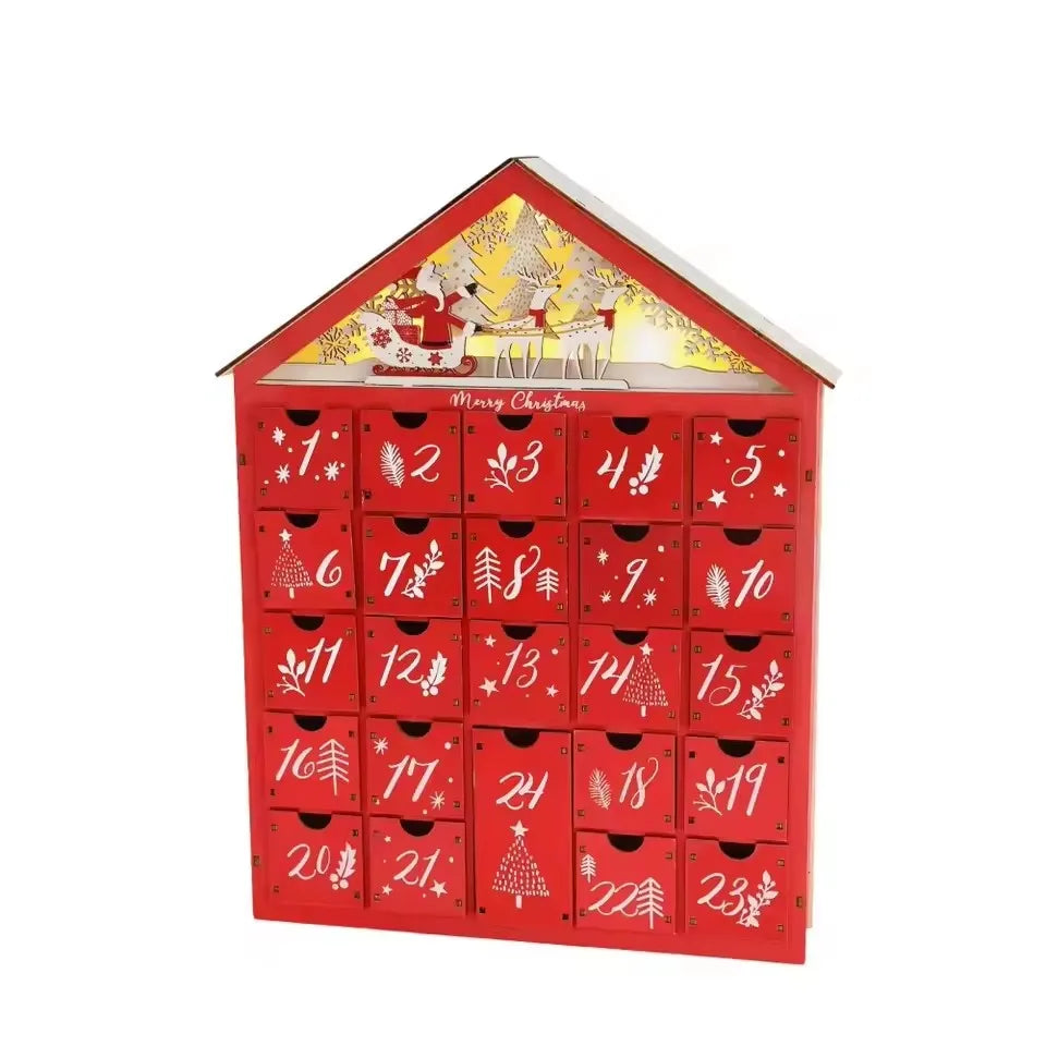 Wooden Advent Calendar House with 24 Drawers, Refillable Christmas Countdown for Mantel, Shelf and Kids’ Rooms, Red or Natural White