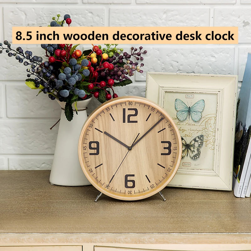 Wooden Table Clock, Silent Desk and Shelf Clock for Living Room and Bedroom, Four Styles