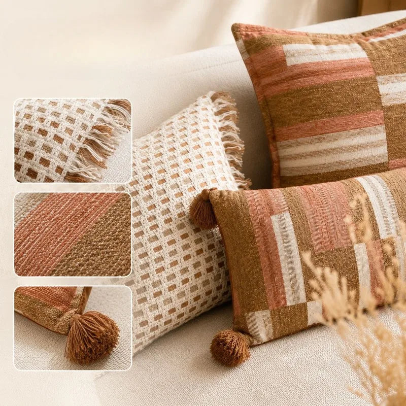 Chenille Jacquard Pillow Cover with Tassels, Boho Geometric Throw Pillow Case for Sofa and Bed, Square or Lumbar