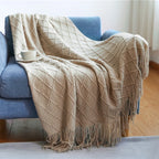 Knitted Throw Blanket with Tassels, Diamond Knit Sofa and Bed Throw, Cream White, Beige, Light Grey or Dark Green