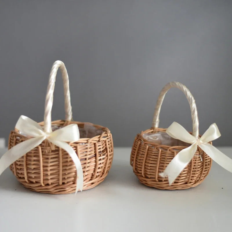 Wicker Basket with White Handle and Bow, Handwoven Flower and Picnic Basket for Weddings, Home Storage and Decor, Small or Large