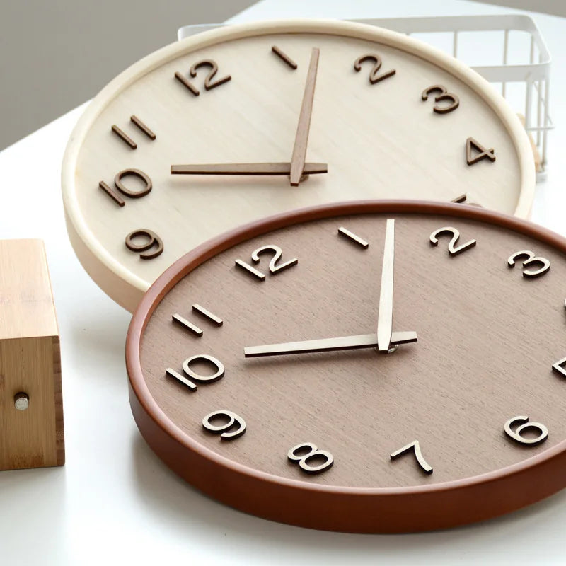 Japanese-Style Silent Wooden Wall Clock, Minimalist Clock with Raised Numbers for Living Room and Kitchen, Natural or Dark Wood