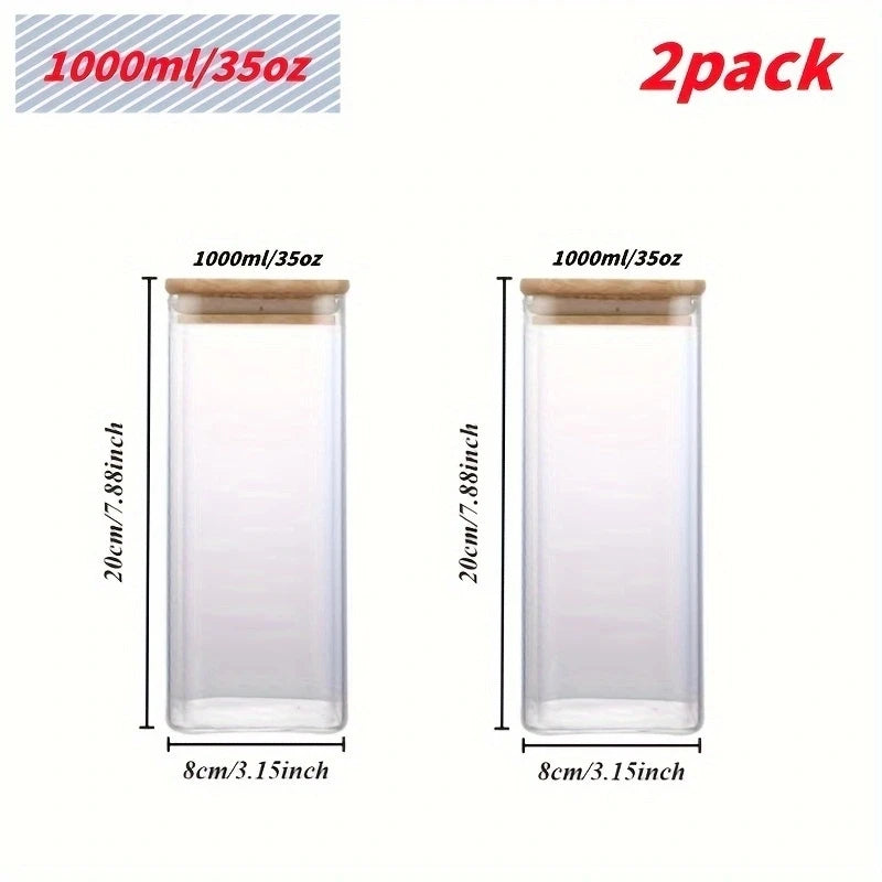 Glass Food Storage Jars with Wood-Tone Lids, Square Kitchen Canisters for Pasta, Grains and Snacks, Set of 2 or 4