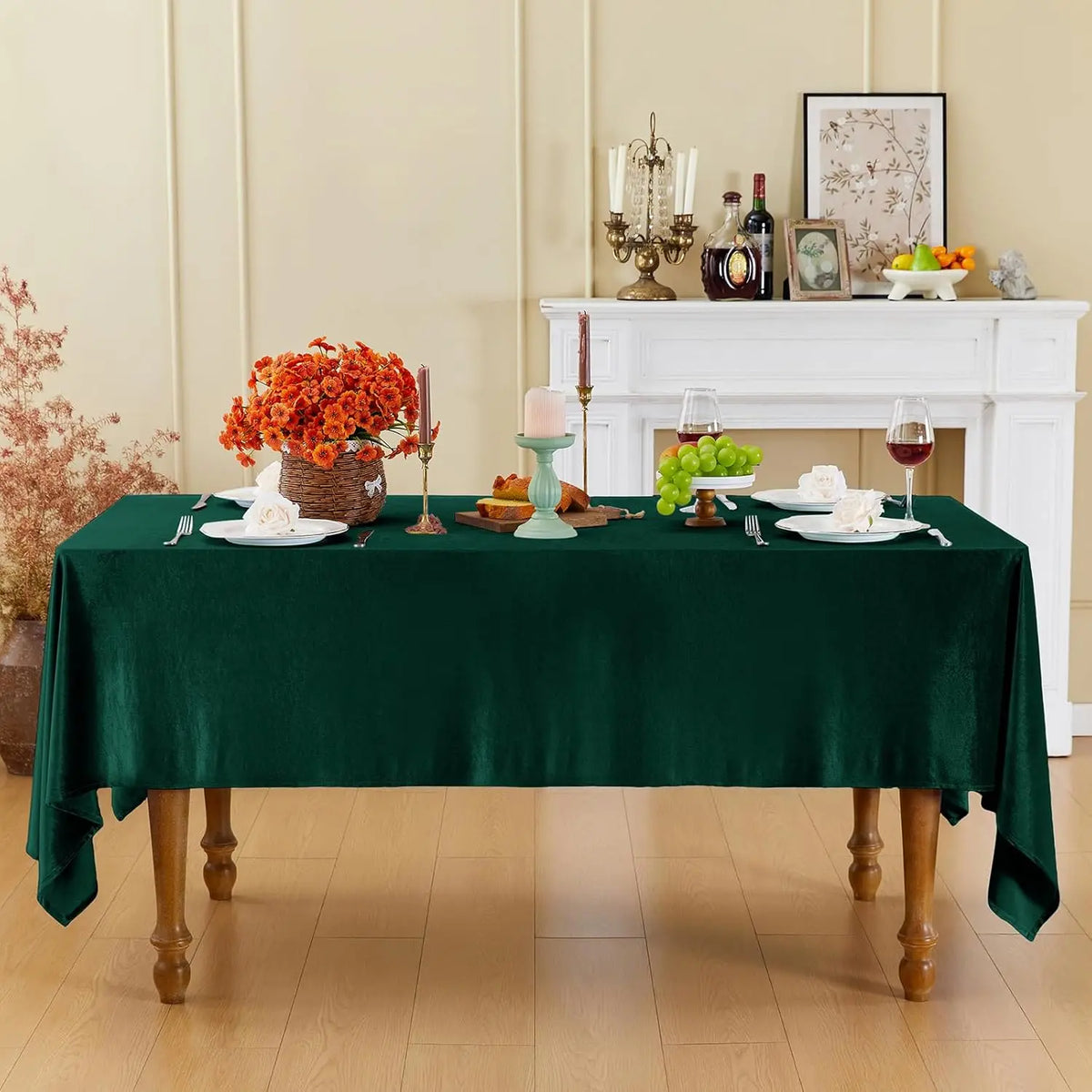 Green Velvet Christmas Tablecloth, Rectangular Holiday Table Cover for Dining Table and Parties, Four Sizes