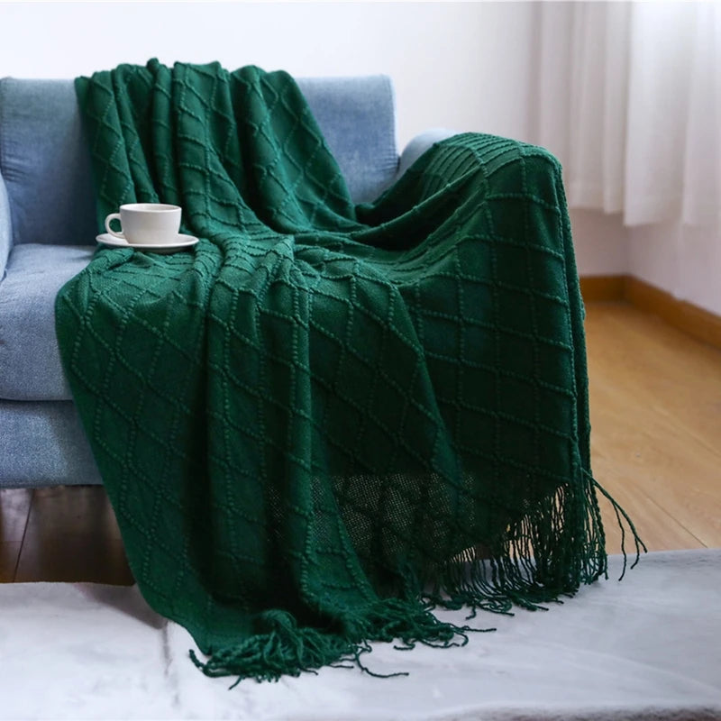 Knitted Throw Blanket with Tassels, Diamond Knit Sofa and Bed Throw, Cream White, Beige, Light Grey or Dark Green